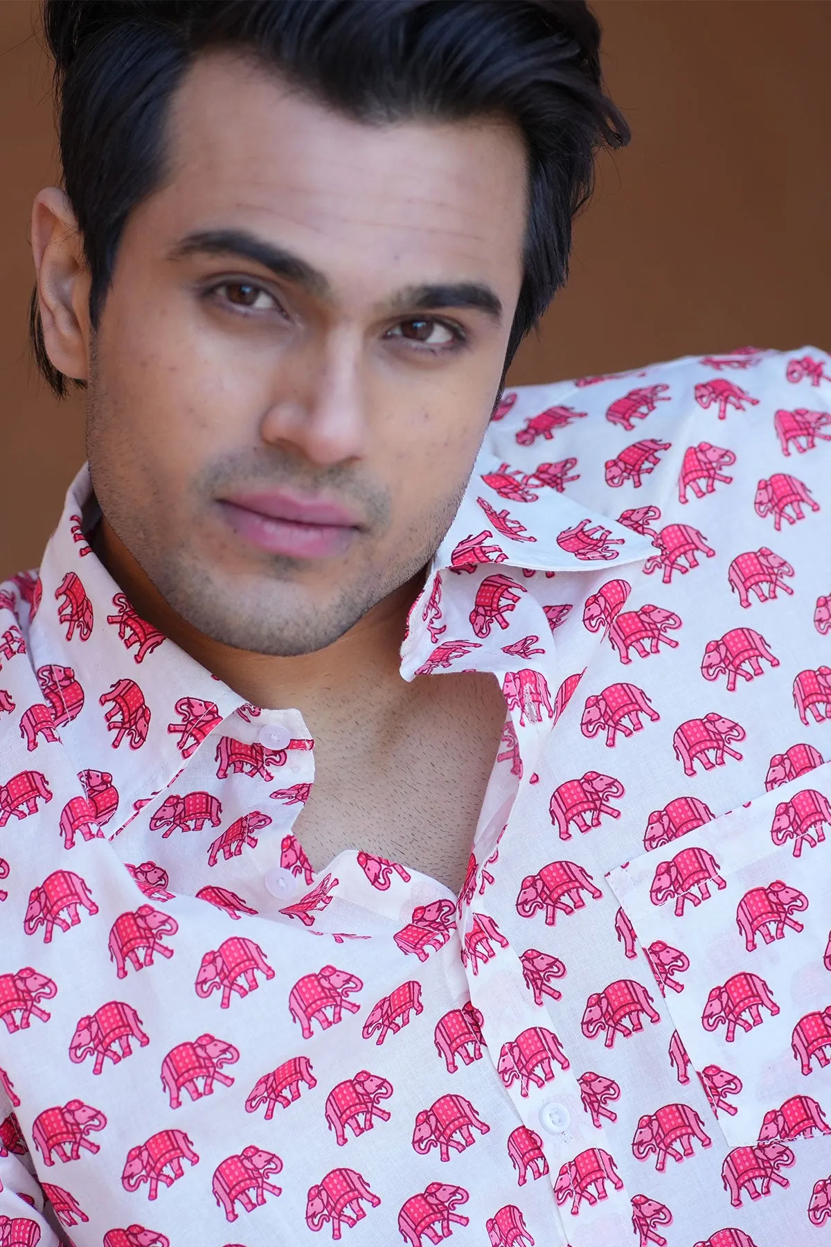 White Shirt with Red Elephant Print, Full Sleeves Cotton | Style Matters