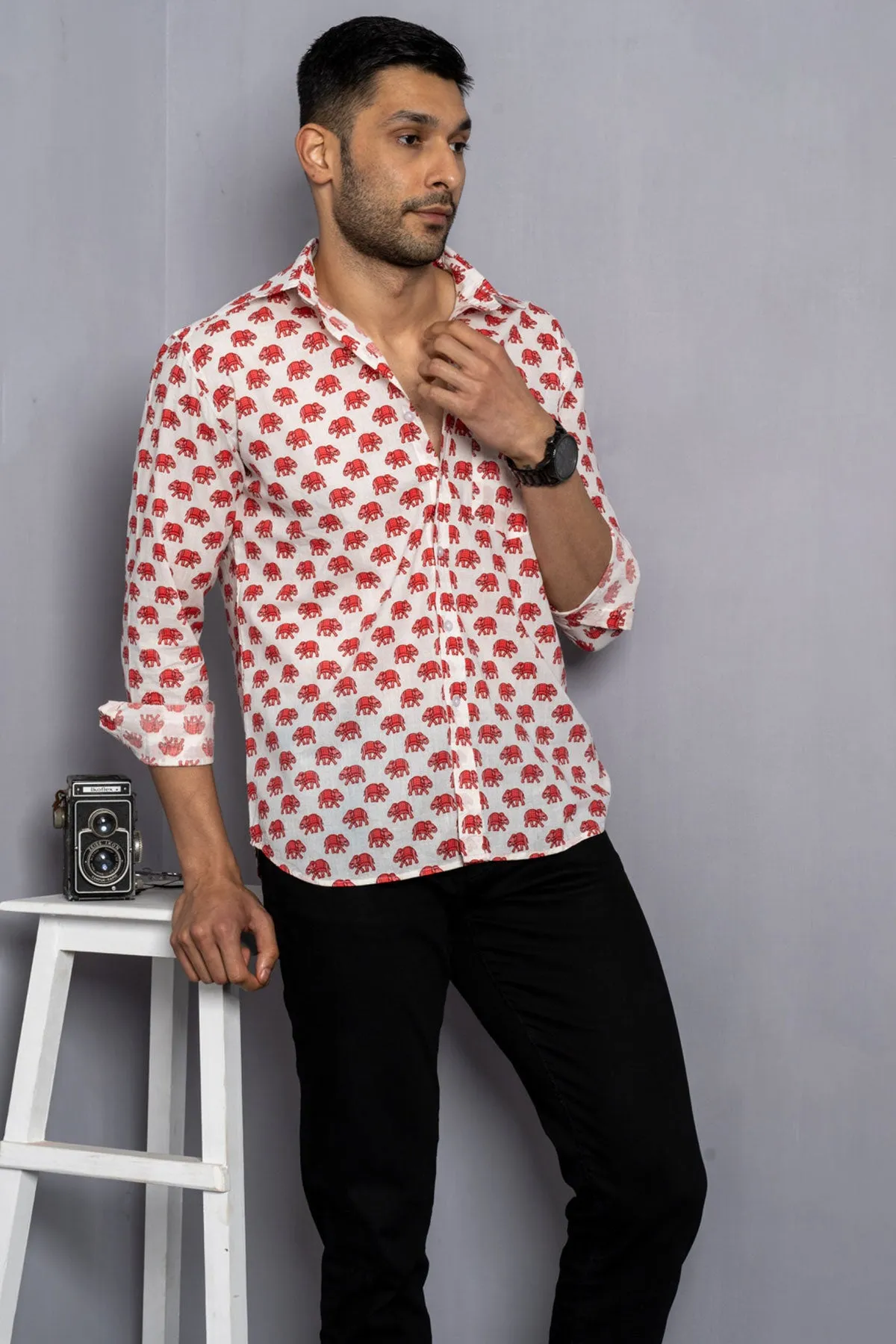 White Shirt with Red Elephant Print, Full Sleeves Cotton | Style Matters