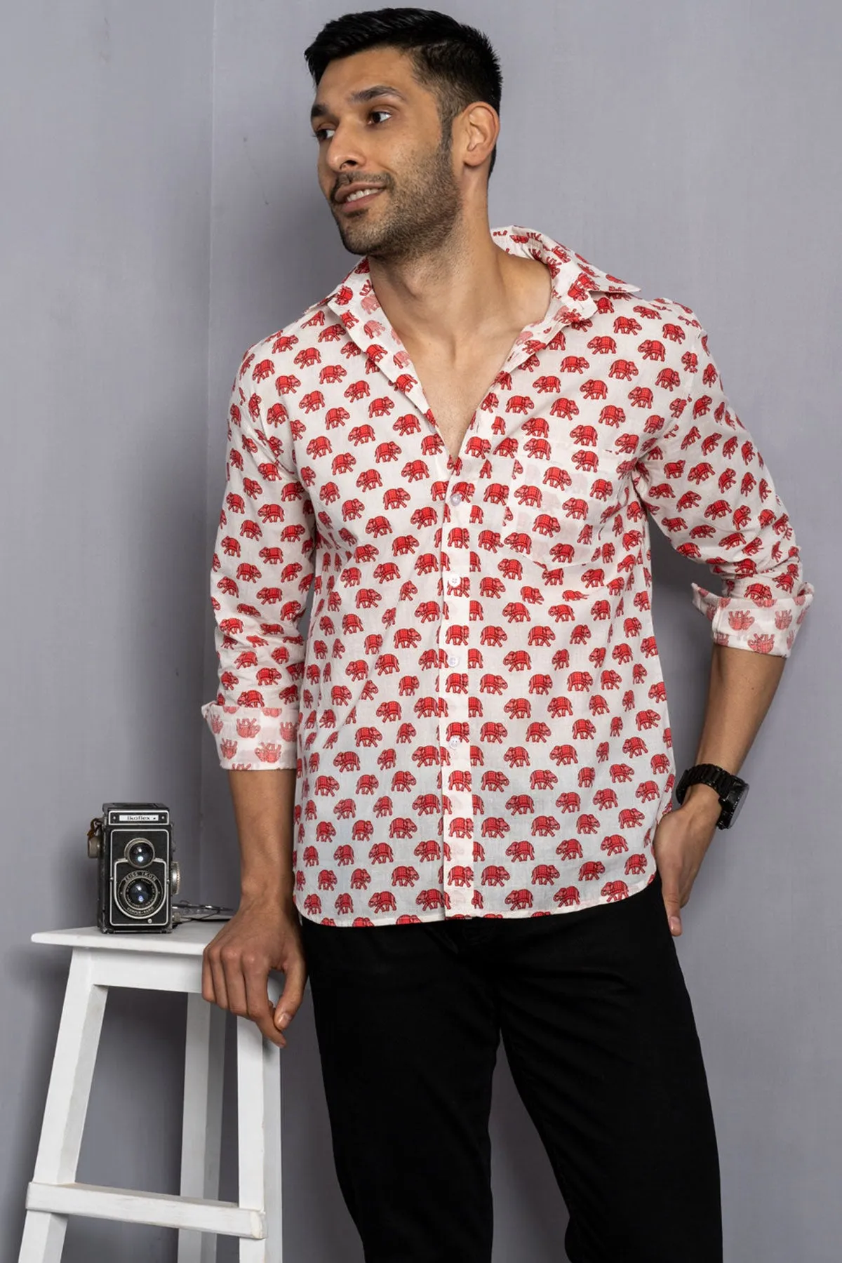 White Shirt with Red Elephant Print, Full Sleeves Cotton | Style Matters