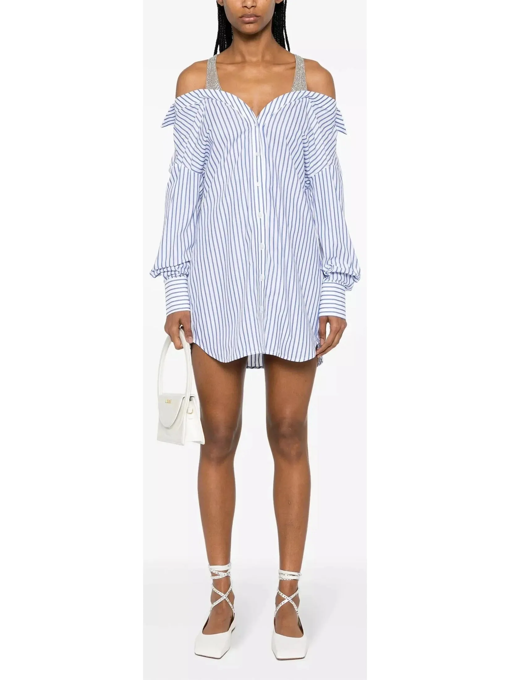 Women’s Crystal-Detailed Layered Striped Shirt Mini Dress