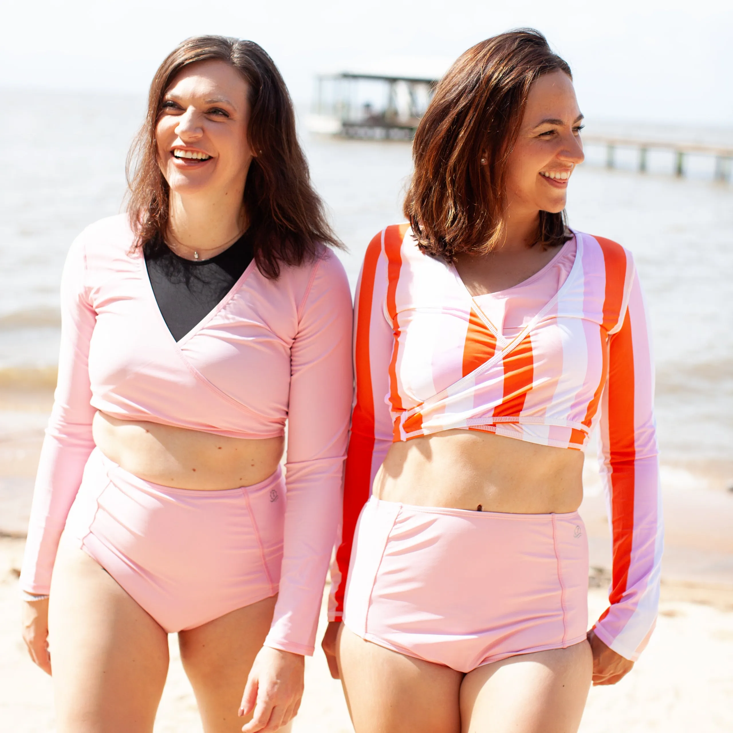 Women's Long Sleeve Swim Wrap Top  - "Peachy Stripes”